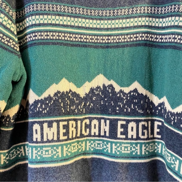 American Eagle Pullover Hoodie Mens XXL Knit Sweater Fair Isle Spellout Blue - Picture 6 of 8